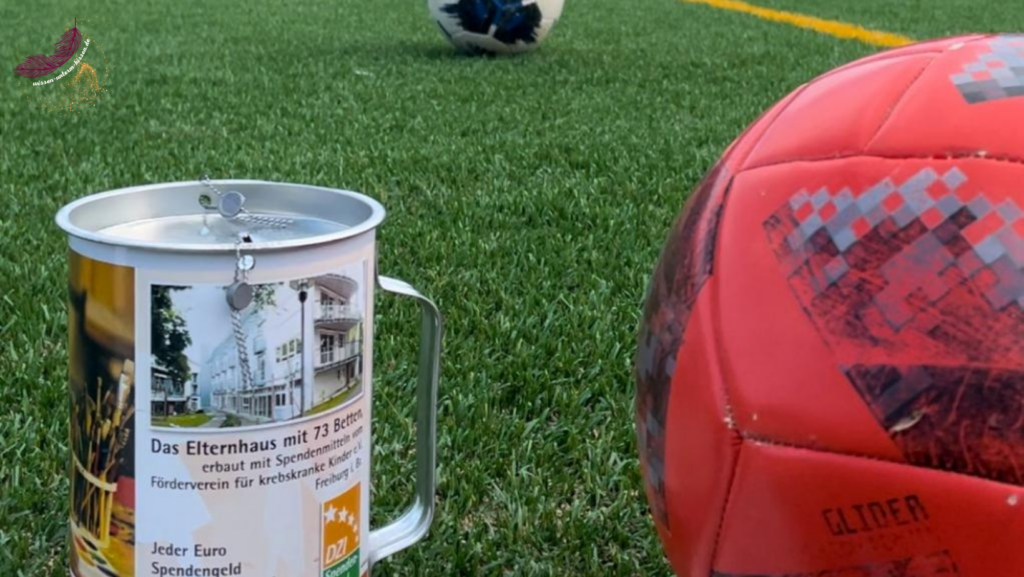 Eine Spendendose für den Förderverein für krebskranker Kinder e.V. in Freburg, Fußballrasen und zwei Fußbälle
